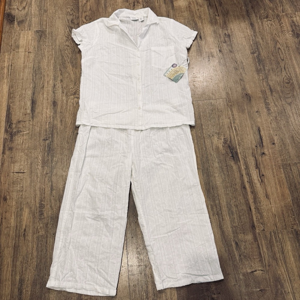 NWT SIGRID OLSEN 2 PC PAJAMA SET TOP & CROP PANTS WHITE Size Med Beachy